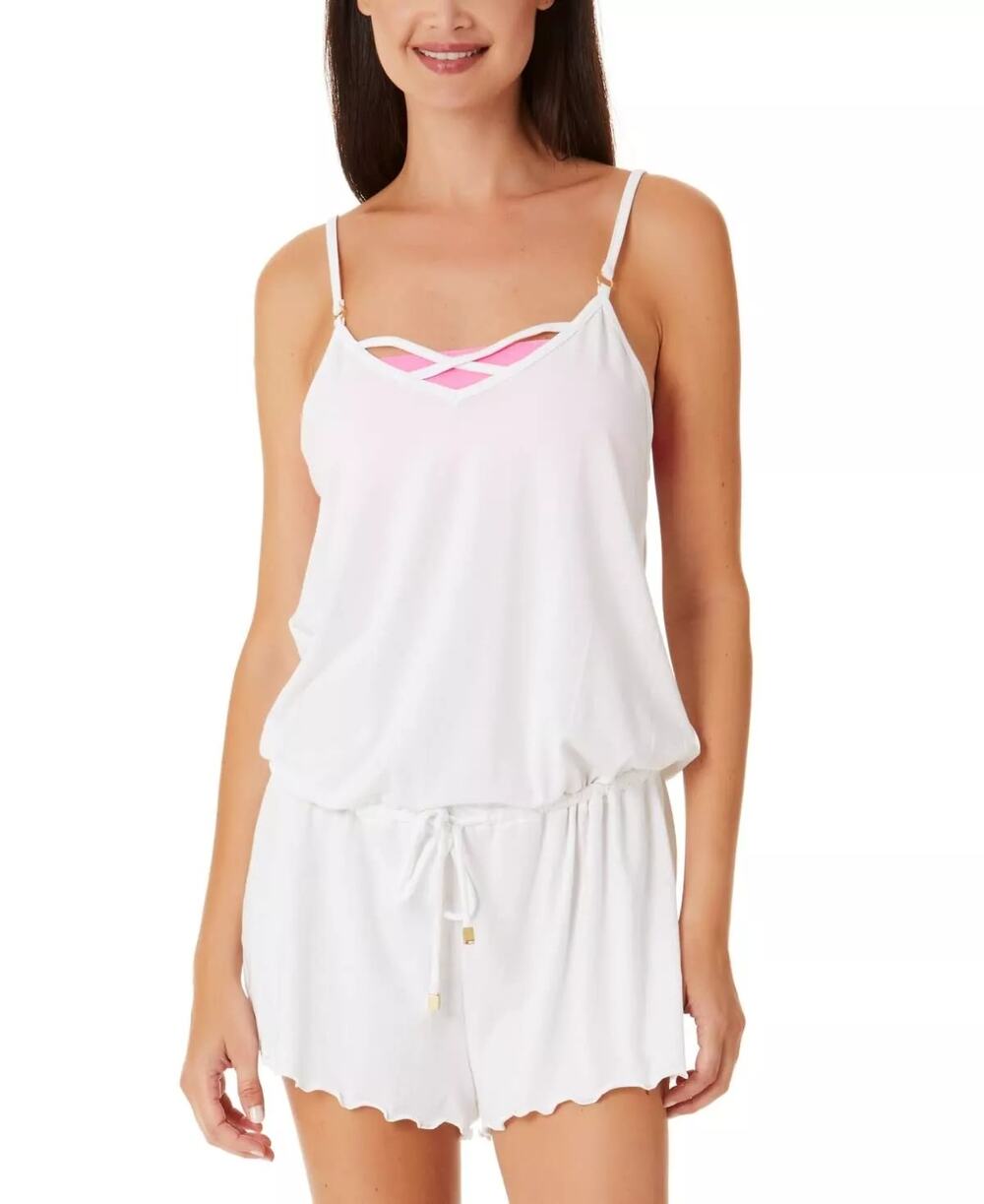 California Waves Juniors White Tie Waist Romper Swim Cover Up Size L New